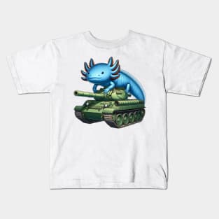 Blue Axolotl Riding A Green Tank Kids T-Shirt